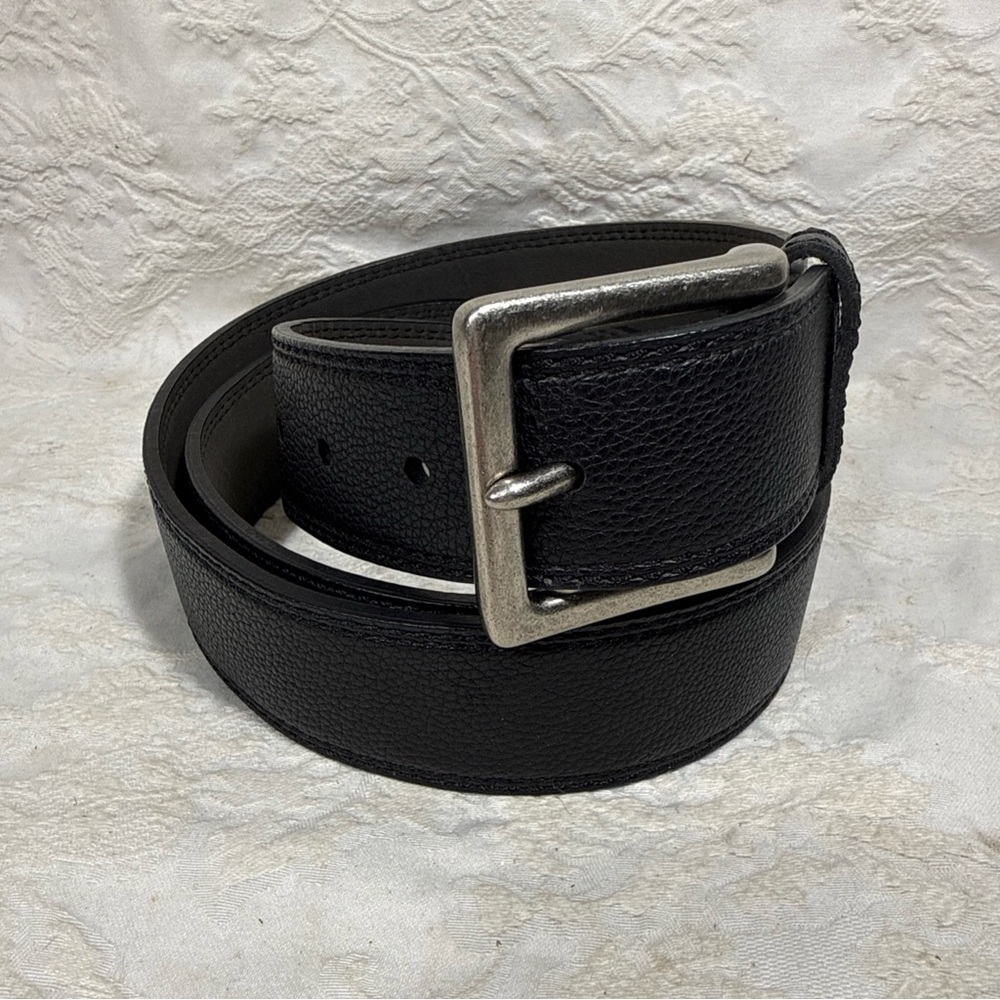 Black Faux Leather Belt Men's Size 46-48 w Silver Tone 1.5” Wide Pebbled Finish